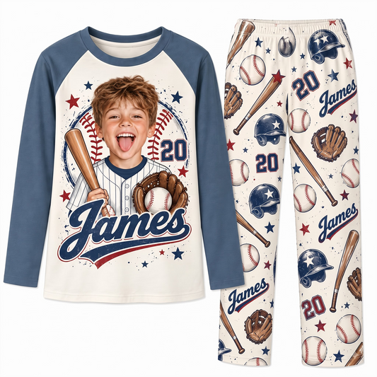Custom Photo Name & Number Vintage Baseball Player Matching Family Pajamas