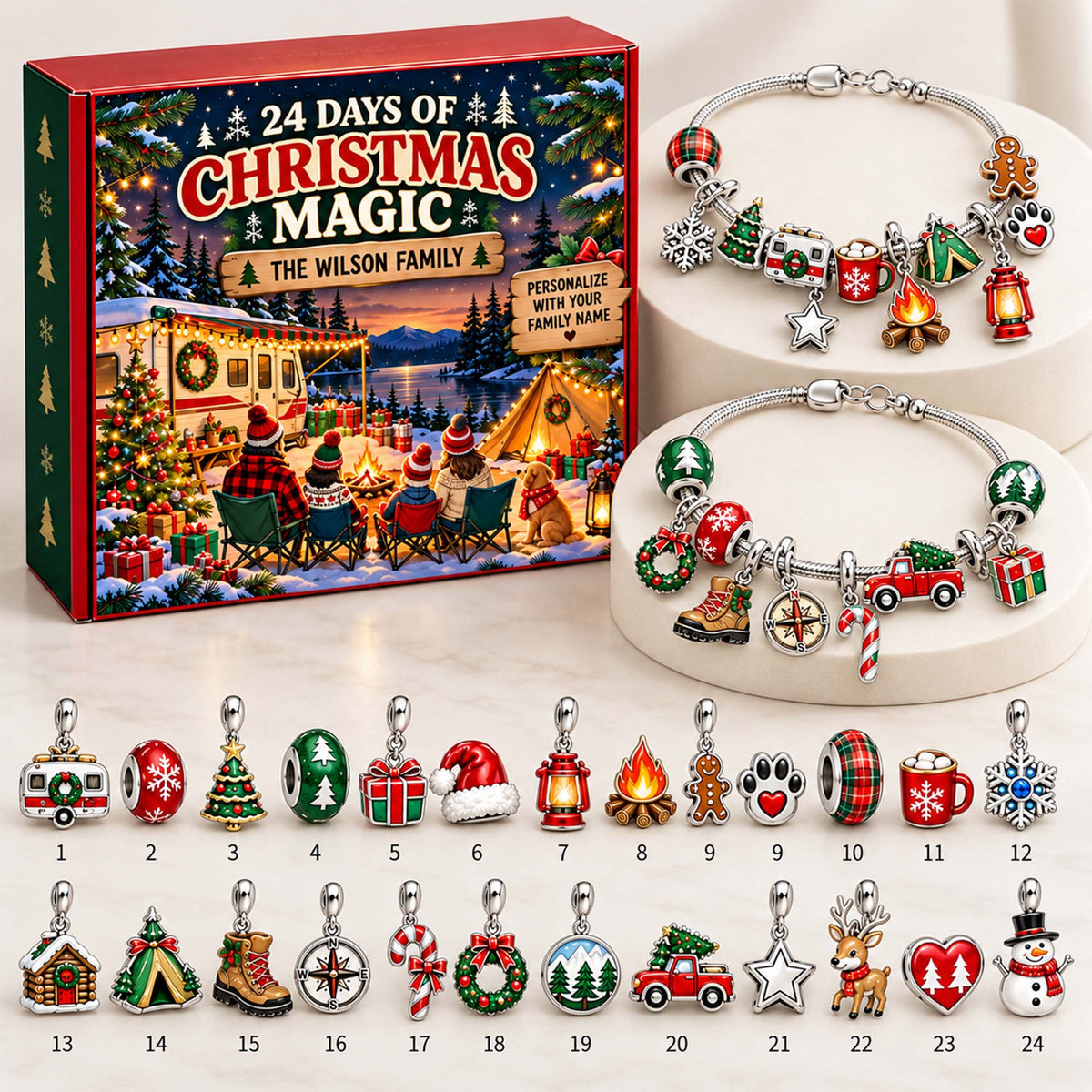 Personalized Family Camping Christmas 24 Days Advent Calendar Bracelet Set With 24 Charms