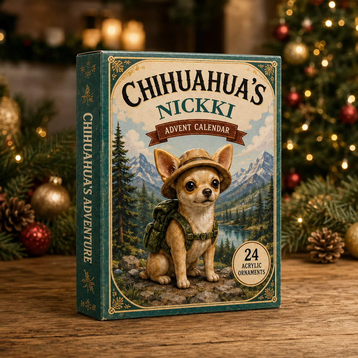 Personalized Chihuahua Adventure Advent Calendar With Custom Name, 24 Acrylic Dog Ornaments