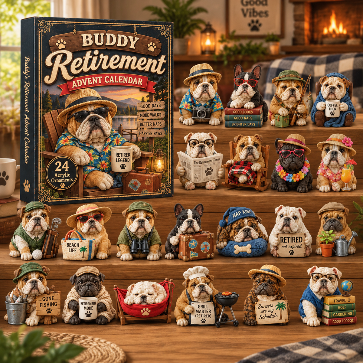 Personalized Bulldog Retirement Advent Calendar 2026 – Custom Name 24 Acrylic Ornaments Christmas Gift