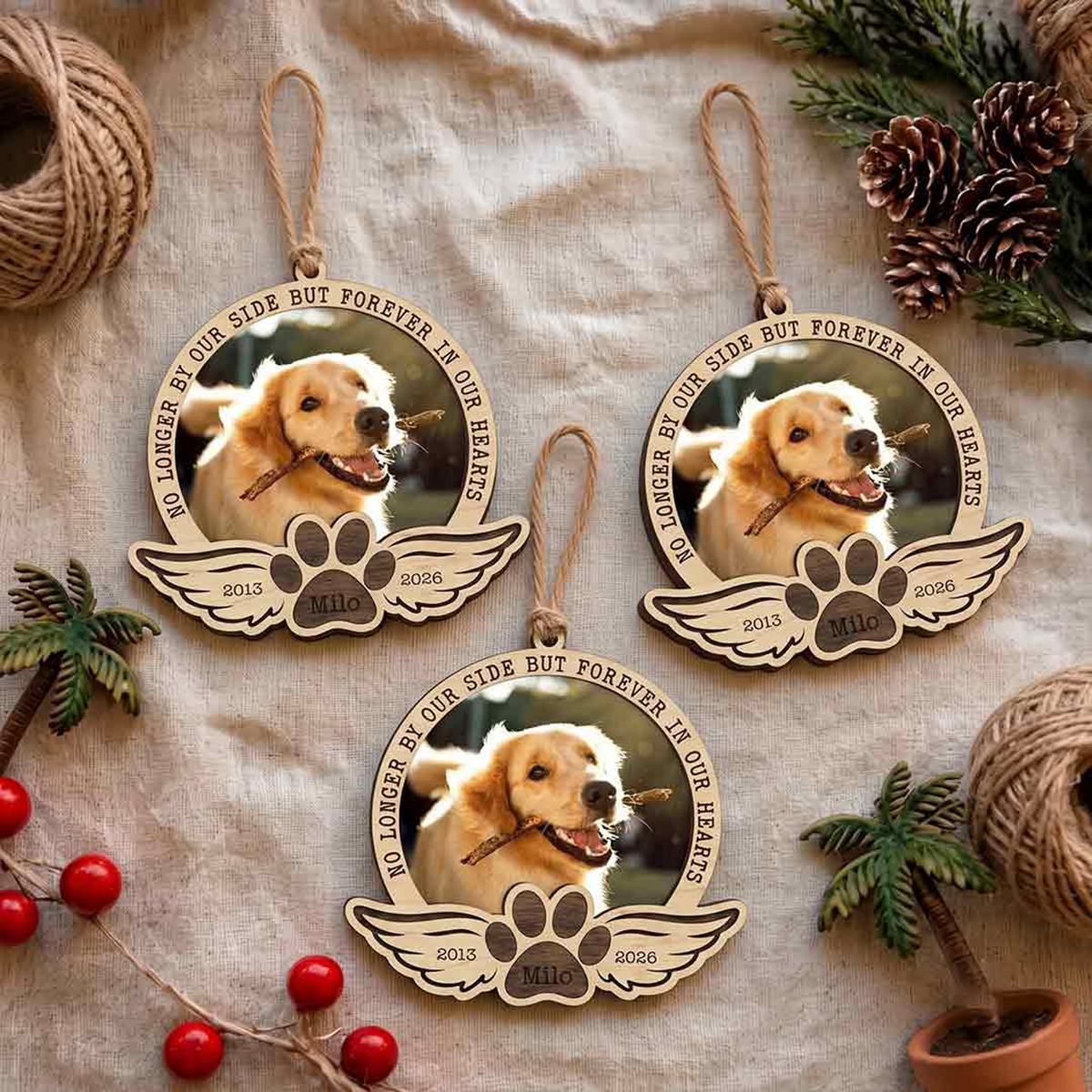 Personalized Pet Memorial Photo Ornament With Custom Name & Dates, Forever In Our Hearts Christmas Keepsake
