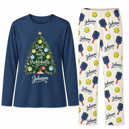 Personalized Family Name Festive Pickleball Christmas Tree Matching Family Christmas Pajamas