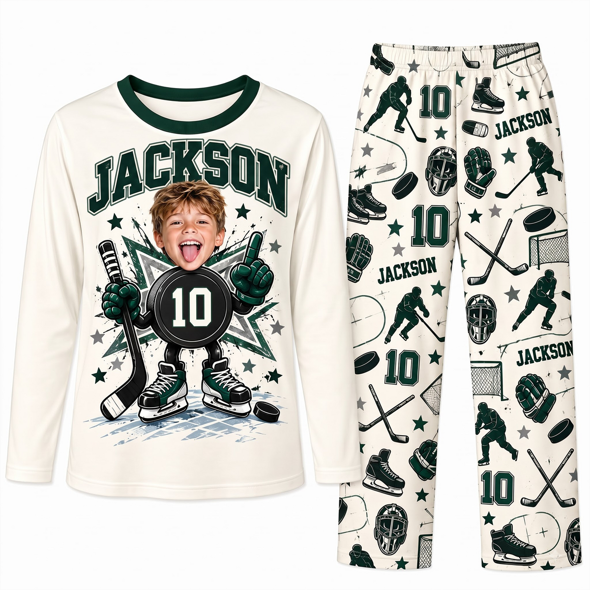 Custom Photo Name & Number Cute Hockey Player Matching Family Pajamas