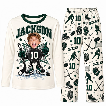 Custom Photo Name & Number Cute Hockey Player Matching Family Pajamas