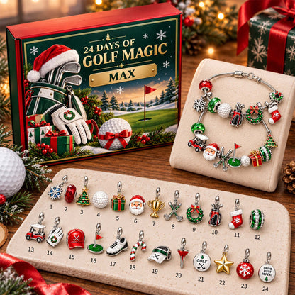 Personalized Golf Christmas 24 Days Advent Calendar Bracelet Set With 24 Charms