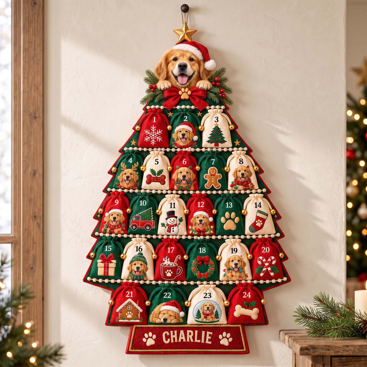 Personalized Golden Retriever Christmas Tree Countdown Calendar – 24 Days of Holiday Surprises