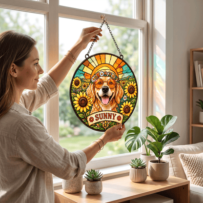 Personalized Hippie Pet Portrait Stained Glass Suncatcher – Custom Pet Name, Sunflower Boho Window Hanging Gift