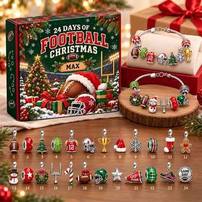 Personalized American Football Christmas 24 Days Advent Calendar Bracelet Set With 24 Charms