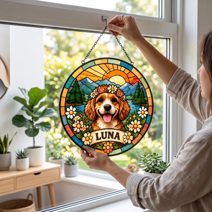 Personalized Hippie Pet Portrait Stained Glass Suncatcher – Custom Pet Name, Groovy Floral Peace Sign Window Hanging Gift