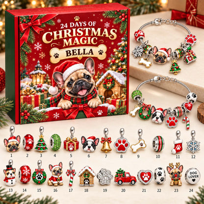 Personalized 24 Days French Bulldog Christmas Advent Calendar Bracelet Set With 24 Charms
