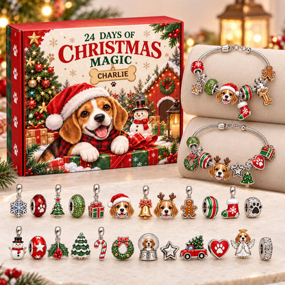 Personalized Beagle 24 Days Christmas Advent Calendar Bracelet Set With 24 Charms