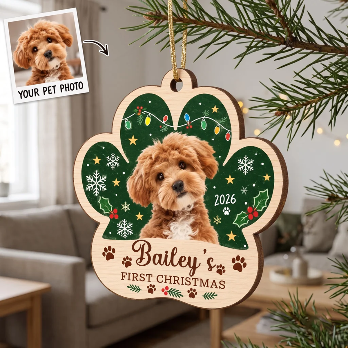 Dog's First Christmas Custom Photo Name Dog Photo Wooden Ornament