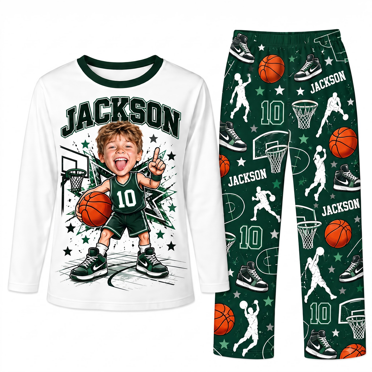 Custom Photo Name & Number Cute Basketball Player Matching Family Pajamas