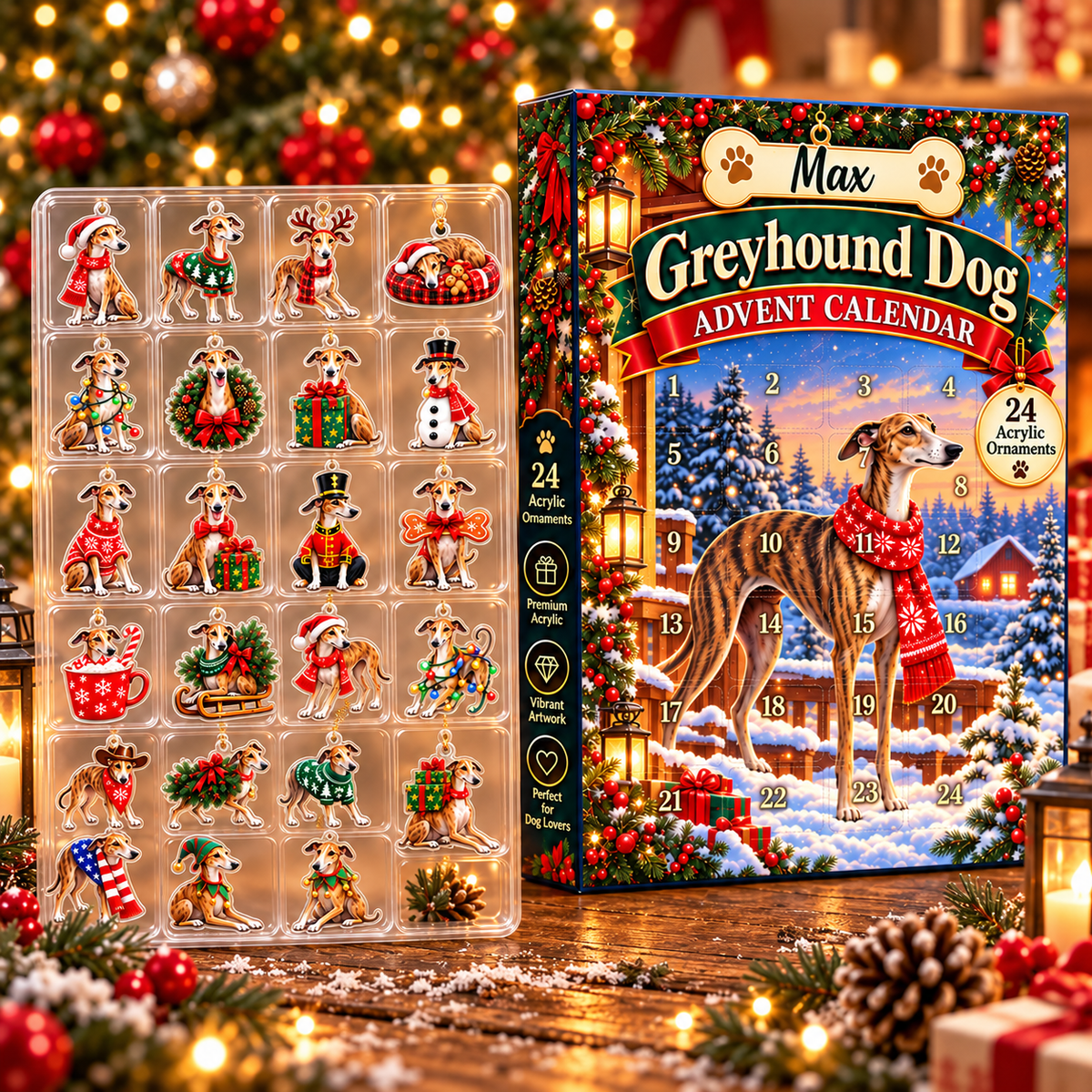 Personalized Greyhound Dog Advent Calendar 2026 – 24 Acrylic Christmas Ornaments