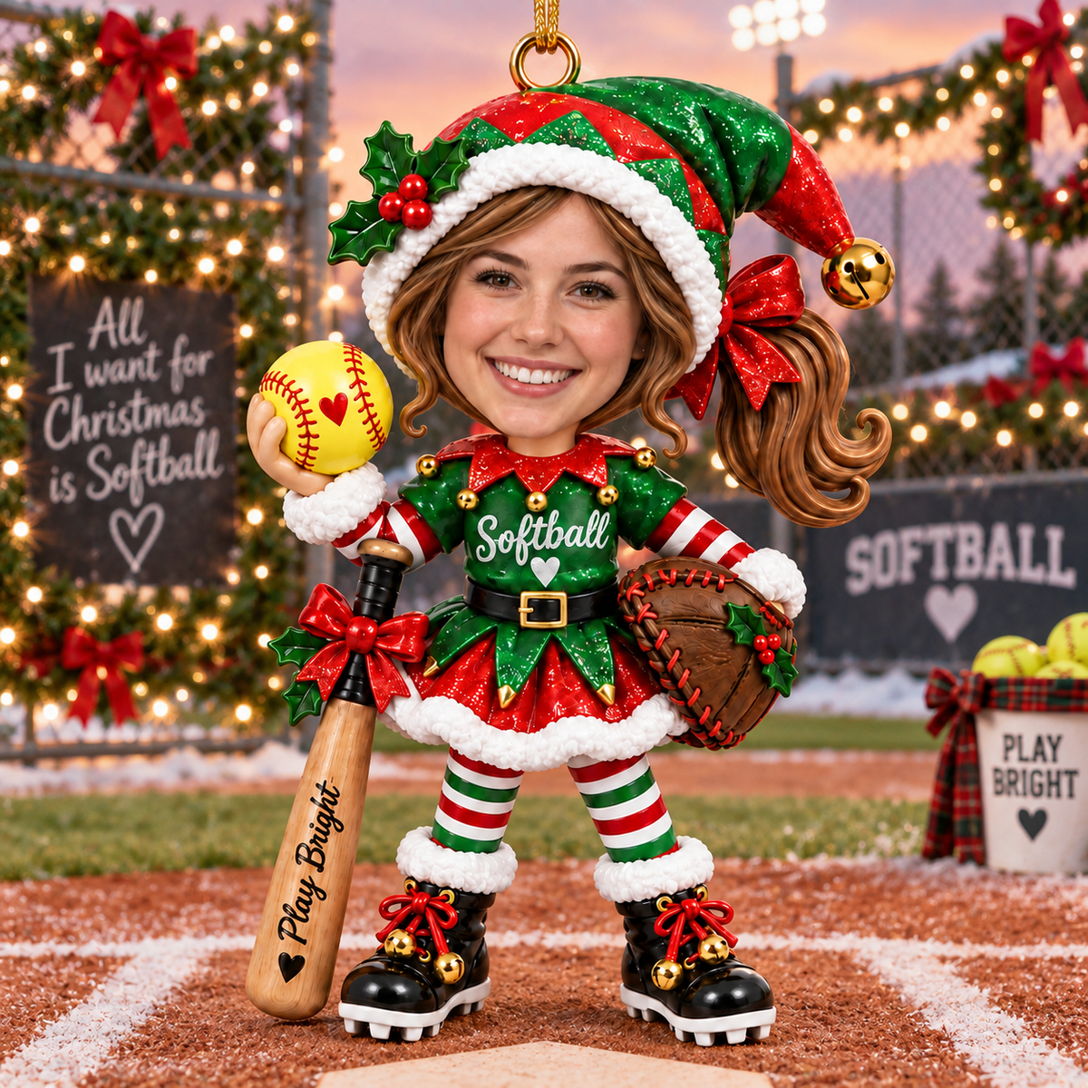 Personalized Softball Christmas Ornament Custom Face Softball Player Ornament Christmas Gift for Softball Girl Athlete Coach Team