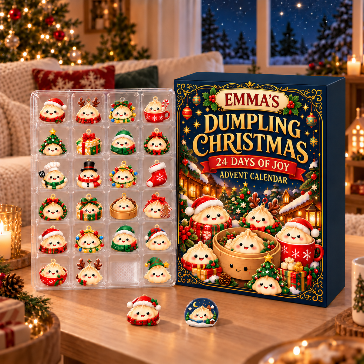 Personalized Dumpling Advent Calendar 2026 – 24 Cute Christmas Ornaments