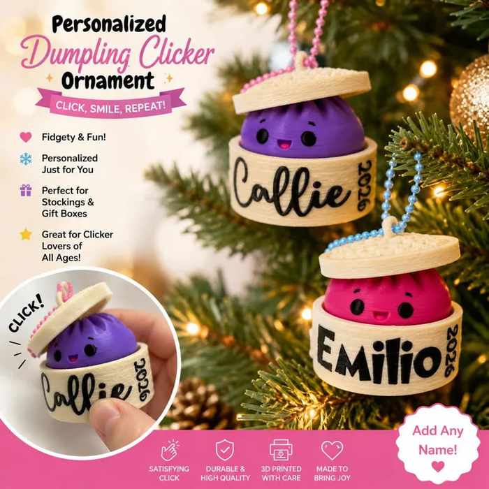 Personalized Dumpling Clicker Christmas Ornament – Custom Name 3D Printed Fidget Toy, Cute Interactive Holiday Gift