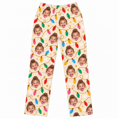 Custom Photo Christmas Lights Lounge Pants – Personalized Face Sleepwear & Pajama Pant