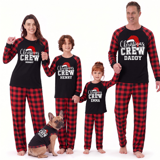 Festive Custom Name Christmas Crew Family Matching Pajamas With Pet