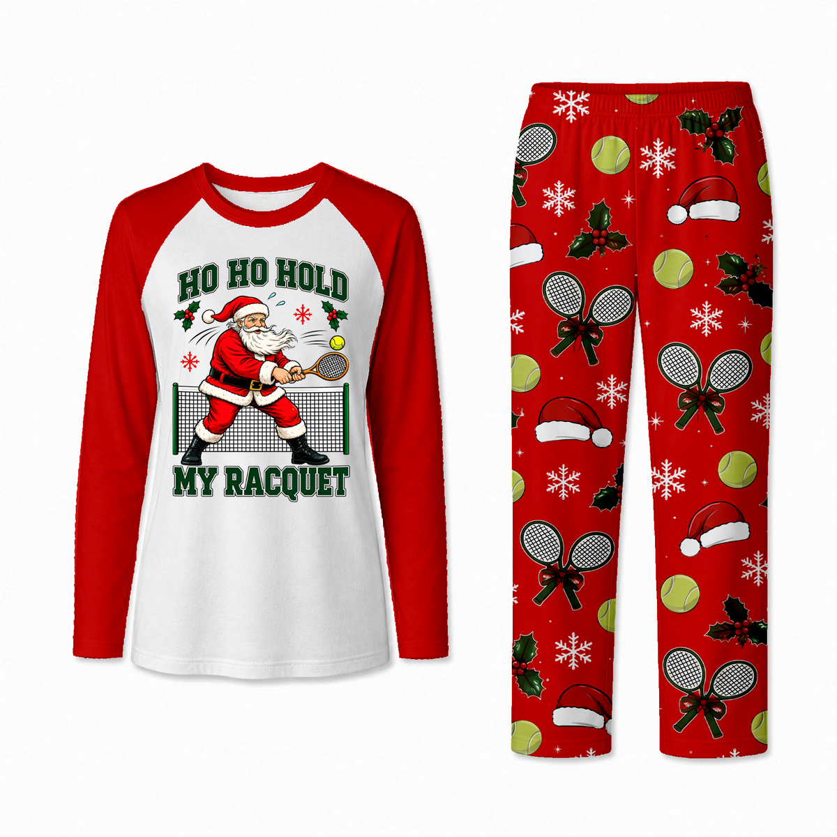 Funny Ho Ho Hold My Racquet Santa Tennis Matching Family Christmas Pajamas