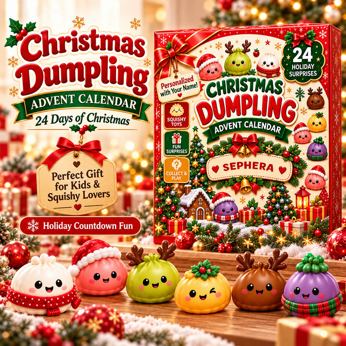 Personalized Christmas Dumpling Advent Calendar – Custom Name 24-Day Holiday Surprise Countdown Gift for Kids & Squishy Lovers