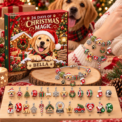 Personalized Labrador Retriever 24 Days Christmas Advent Calendar Bracelet Set With 24 Charms