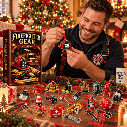 Personalized Firefighter Gear Christmas Advent Calendar 2026 – 24 Firefighter Acrylic Ornaments, Custom Name Firefighter Gift