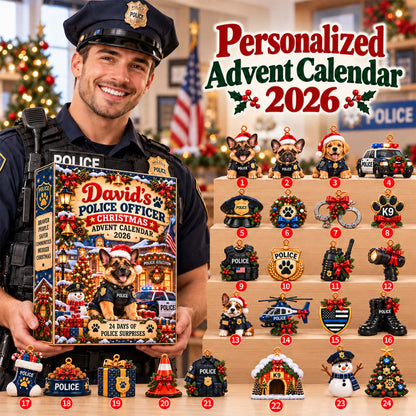 Personalized Police Officer Christmas Advent Calendar 2026 – Custom Name Police Dog Gift, 24 Days of Police-Themed Christmas Surprises