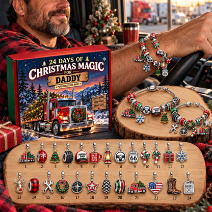 Personalized Trucker Dad Christmas 24 Days Advent Calendar Bracelet Set With 24 Charms