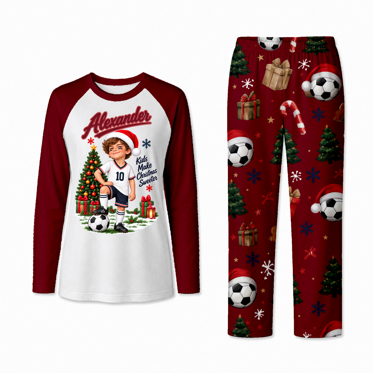 Personalized Soccer Christmas Family Pajamas, Custom Photo Name & Number Holiday Pajama Set