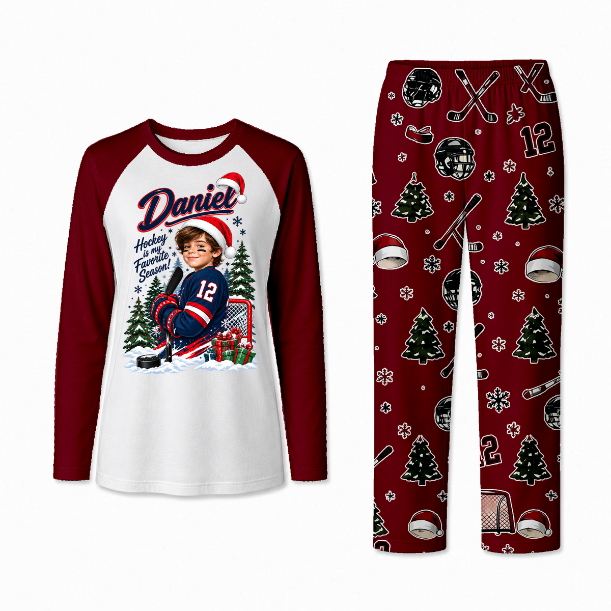 Personalized Hockey Christmas Matching Family Pajamas With Pet, Custom Photo Name & Number