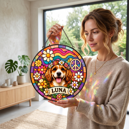 Personalized Hippie Pet Portrait Stained Glass Suncatcher – Custom Pet Name, Groovy Floral Peace Sign Window Hanging Gift