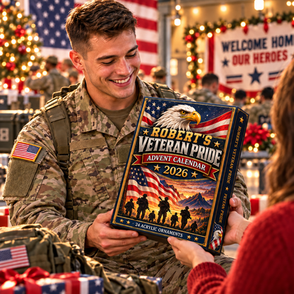 Personalized Veteran Pride Advent Calendar With Custom Name, 24 Acrylic Eagle Christmas Ornaments