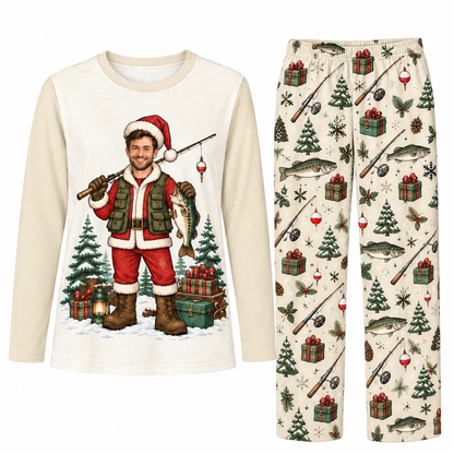 Custom Photo Funny Fishing Santa Claus Fisherman Matching Christmas Pajamas