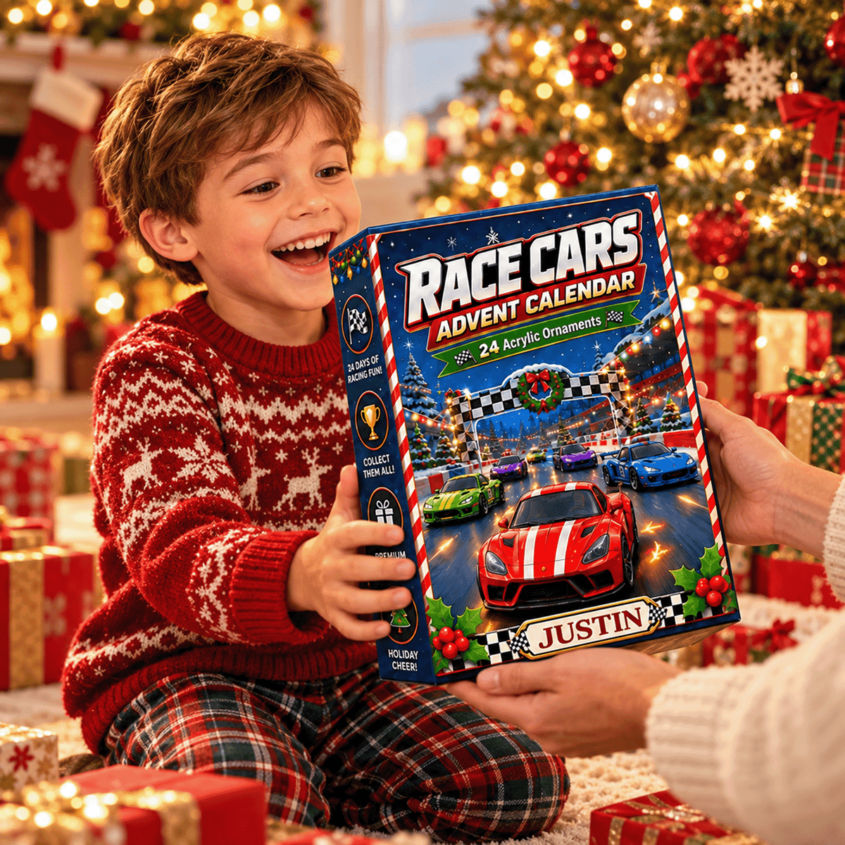 Personalized Race Cars Christmas Advent Calendar 2026 – 24 Acrylic Racing Car Ornaments, Custom Name Gift for Kids