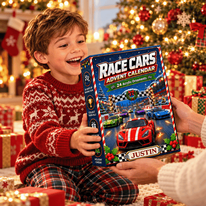 Personalized Race Cars Christmas Advent Calendar 2026 – 24 Acrylic Racing Car Ornaments, Custom Name Gift for Kids