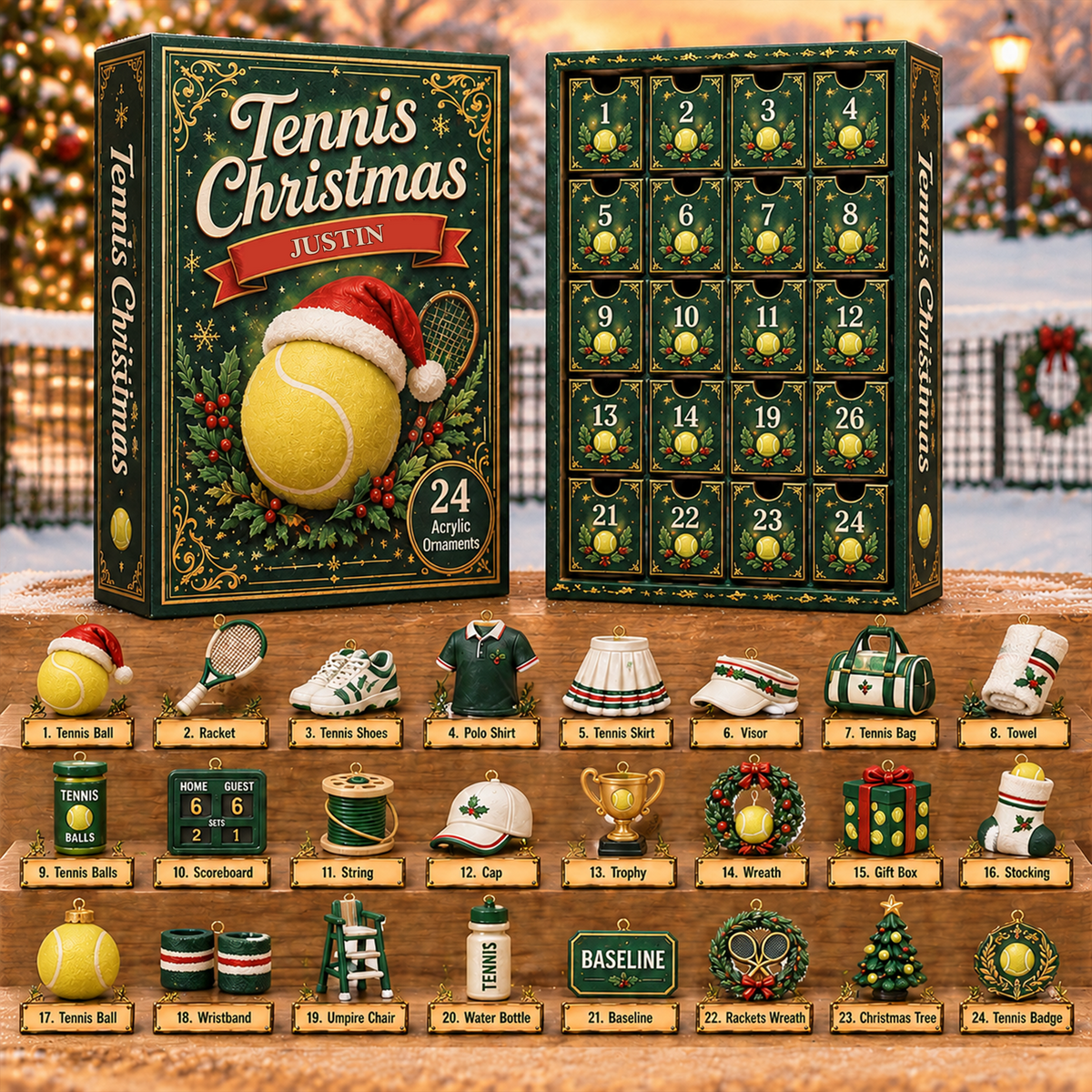 Personalized Tennis Christmas Advent Calendar – Custom Name 24-Day Tennis Ornaments Gift