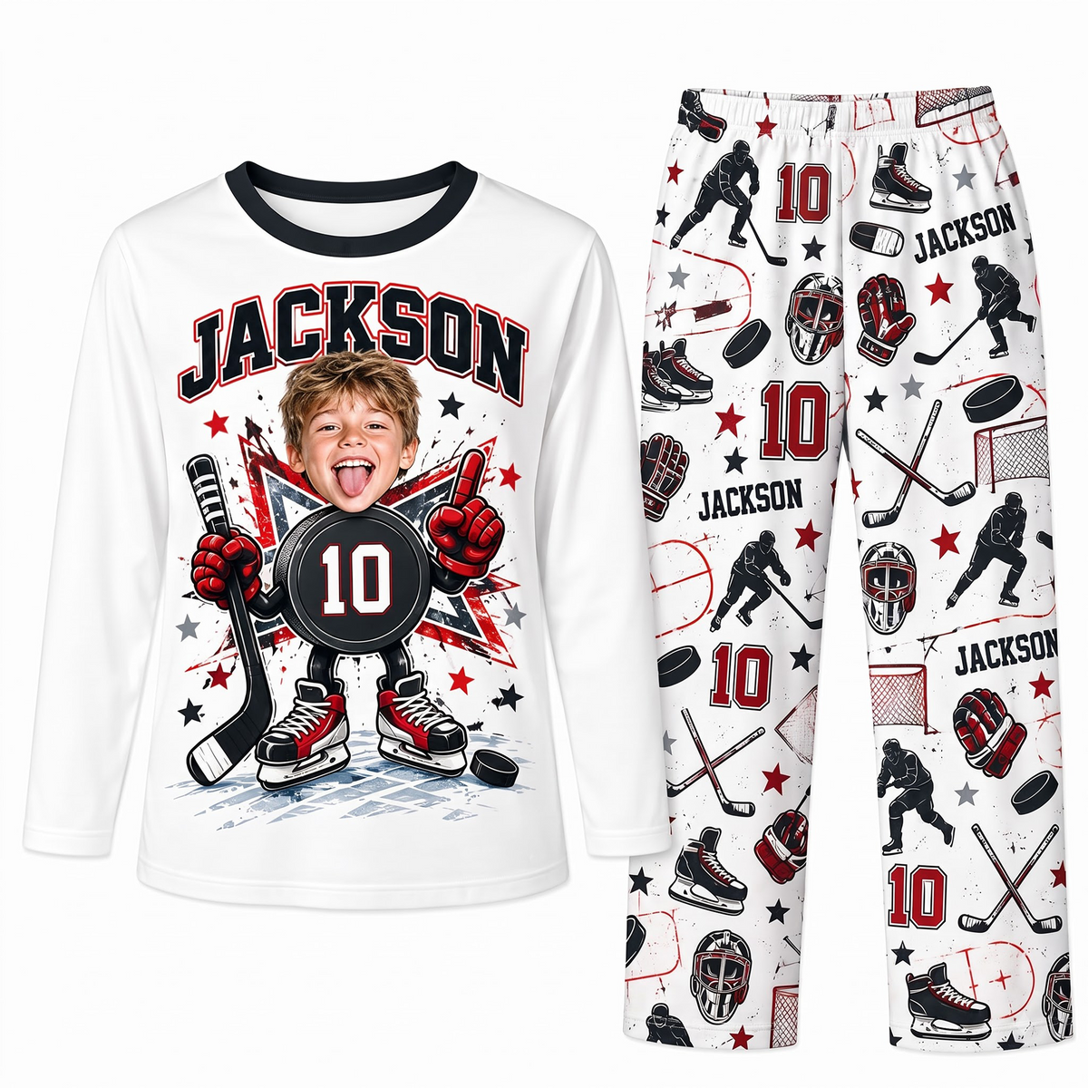 Custom Photo Name & Number Cute Hockey Player Matching Family Pajamas