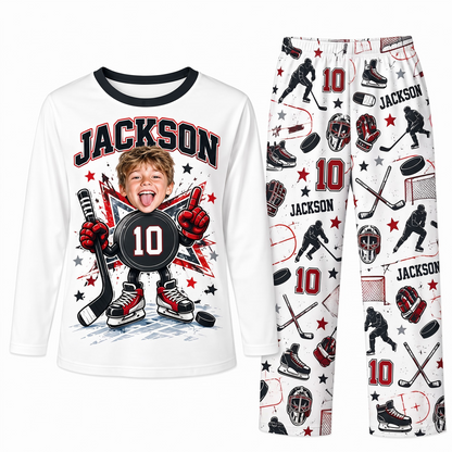 Custom Photo Name & Number Cute Hockey Player Matching Family Pajamas