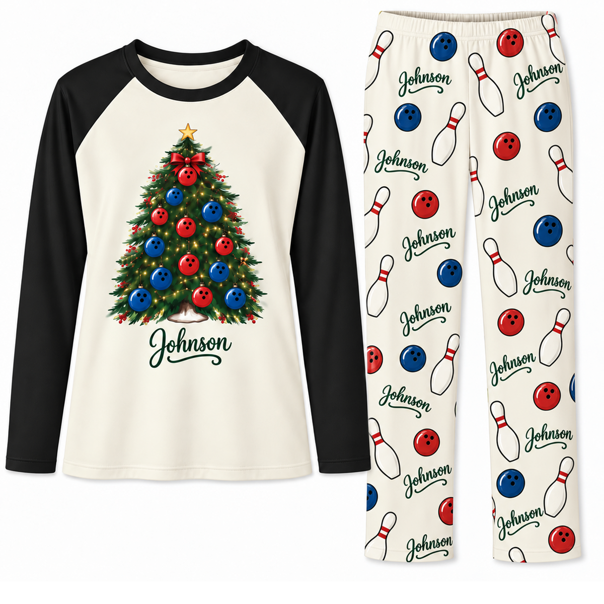 Personalized Name Festive Bowling Christmas Tree Family Pajama Sets