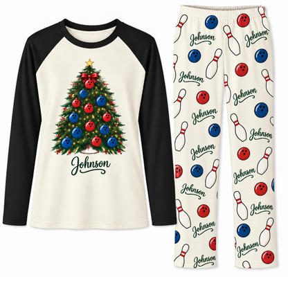Personalized Name Festive Bowling Christmas Tree Family Pajama Sets