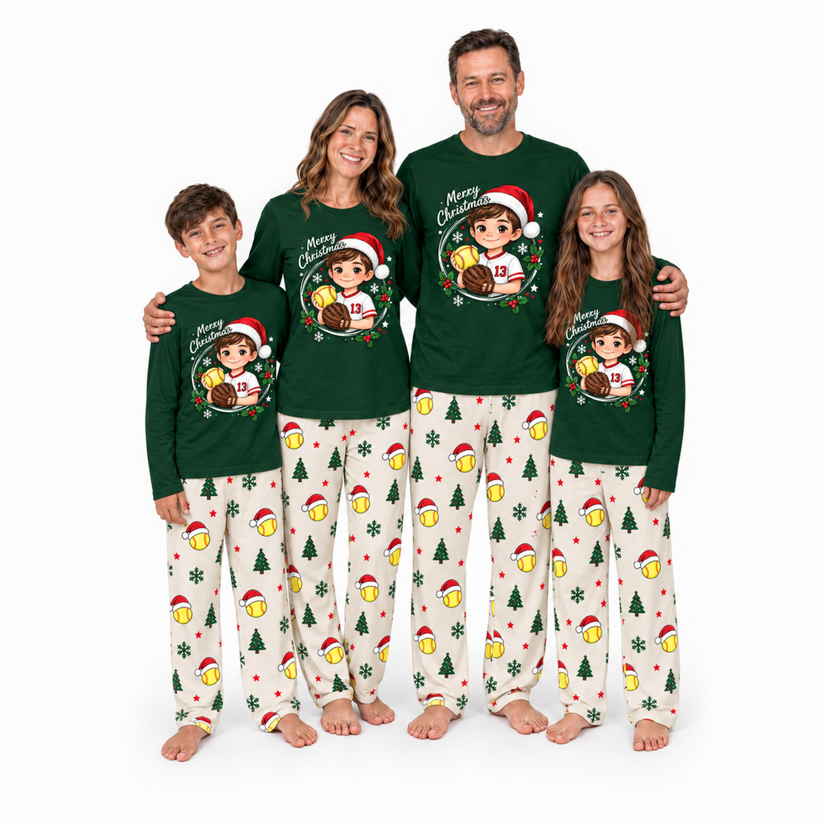 Custom Photo Cute Softball Christmas Player Matching Family Christmas Pajamas