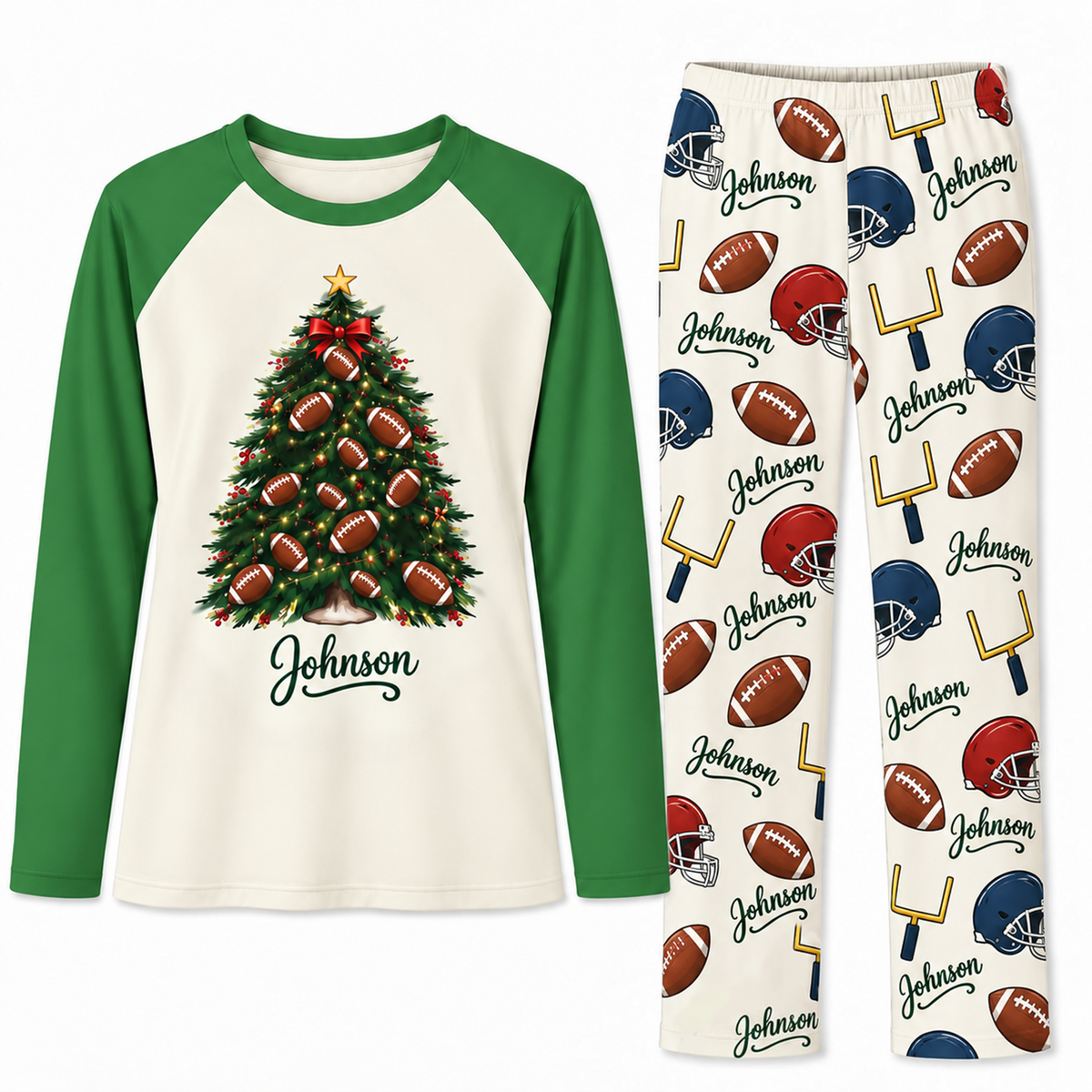 Custom Name American Football Christmas Tree Matching Pajama Sets