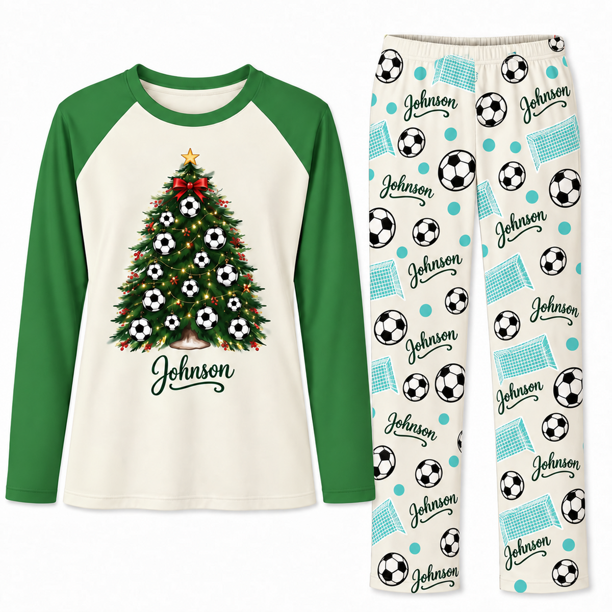 Custom Name Soccer Christmas Tree Matching Pajama Sets