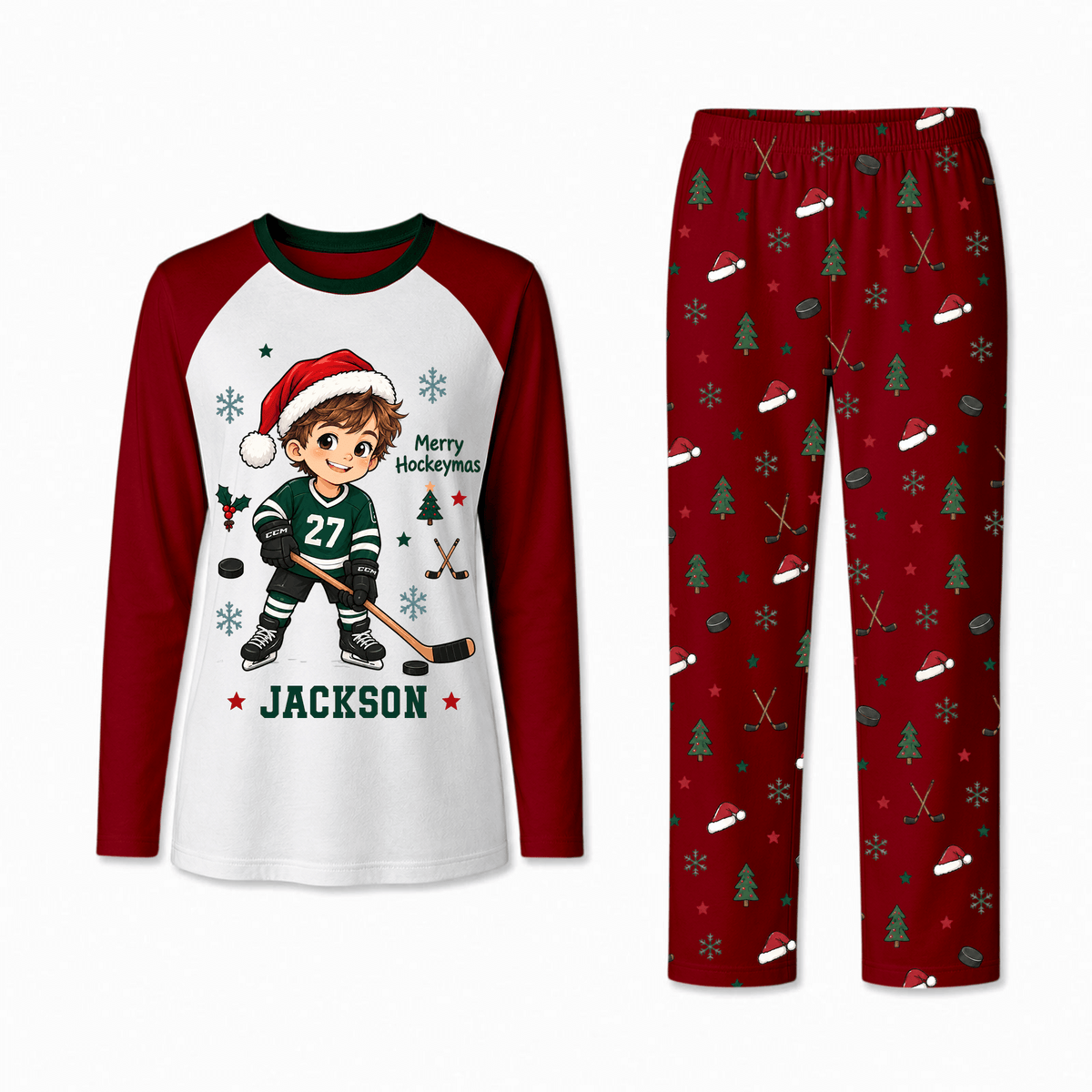 Personalized Hockey Christmas Pajamas Custom Name and Number Family Matching Holiday Pajama