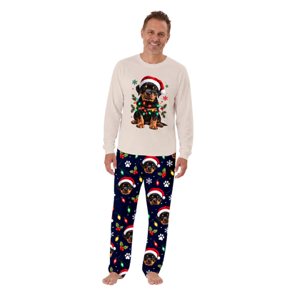 Custom Pet Photo Cute Christmas Lights Rottweiler Matching Family Christmas Pajamas