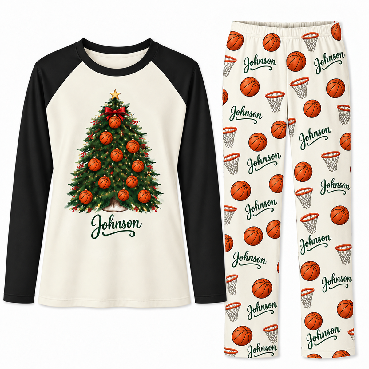 Personalized Name Festive Basketball Christmas Tree Family Pajama Sets