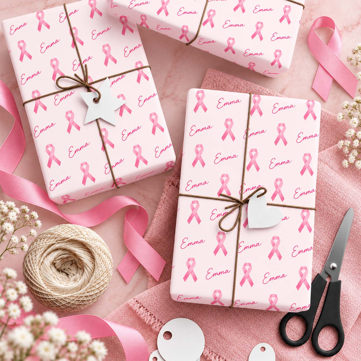 Custom Name Pink Ribbon Breast Cancer Awareness Wrapping Paper