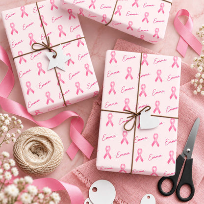 Custom Name Pink Ribbon Breast Cancer Awareness Wrapping Paper