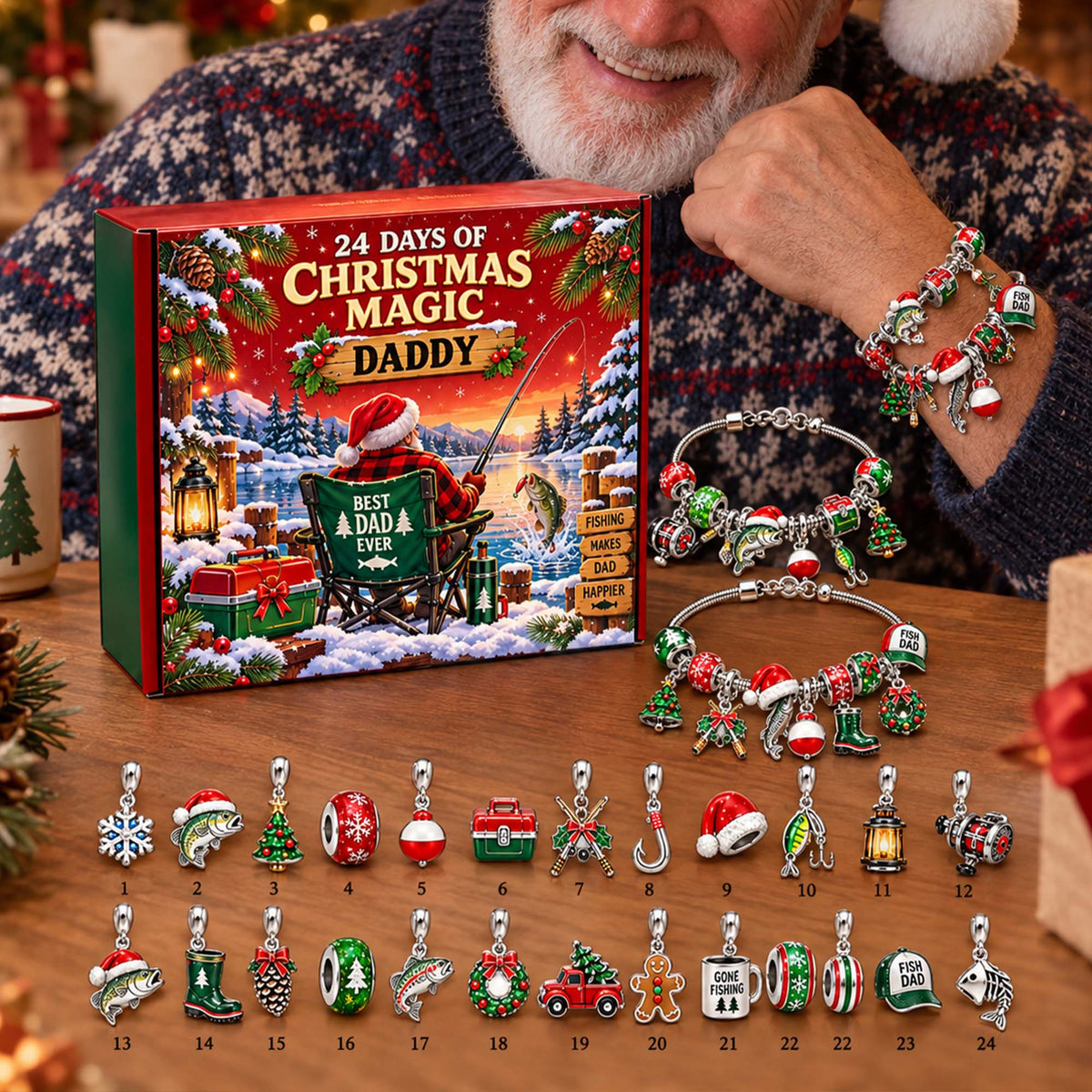 Personalized Best Dad Ever Fishing Christmas 24 Days Advent Calendar Bracelet Set With 24 Charms